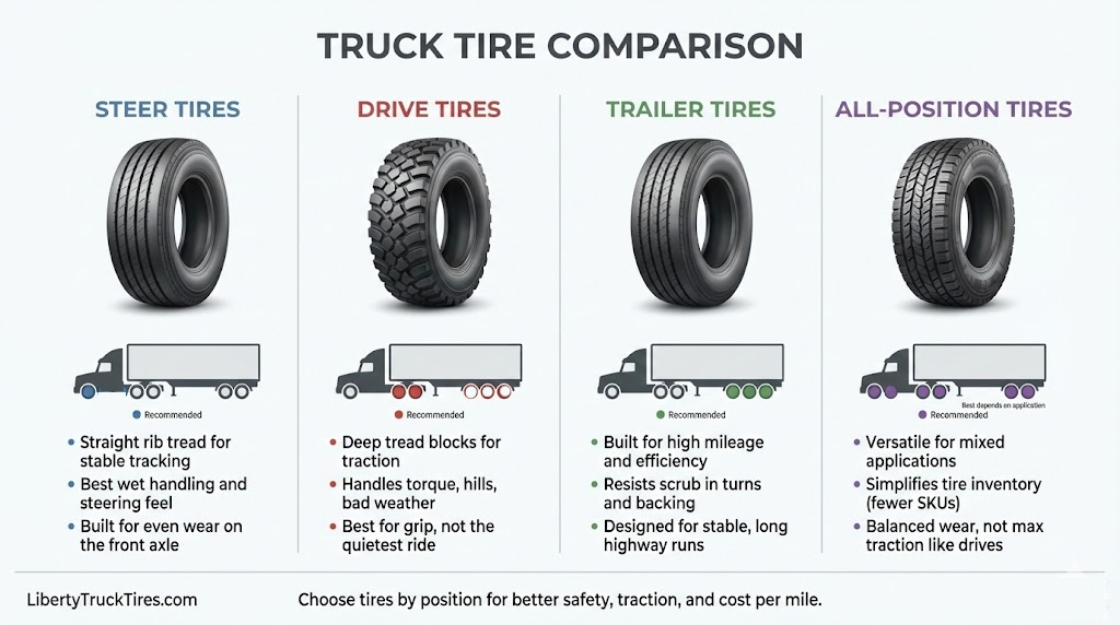 Infographic comparing Steer, Drive, Trailer, and All-Position truck tires with tread patterns and recommended axle positions for commercial fleets.