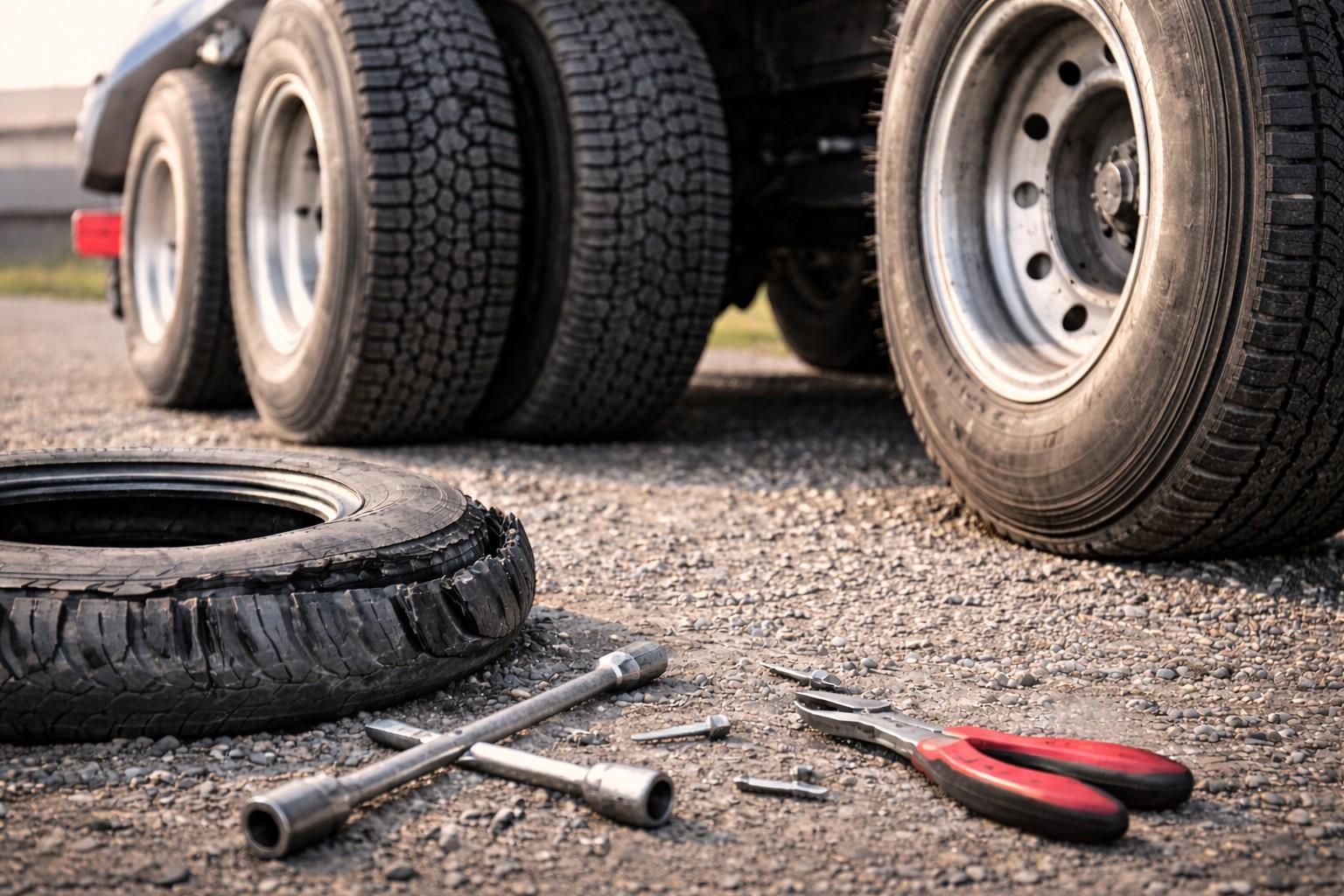 Damaged trailer tire on gravel with tire repair tools near a semi-truck’s rear tires.