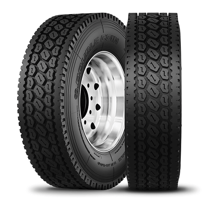 Double Coin RLB400 295/75R22.5 drive tire with closed-shoulder design, extra-deep tread, and solid ribs for stable handling and maximum traction. Cooler-running tread package supports casing life and retreads.