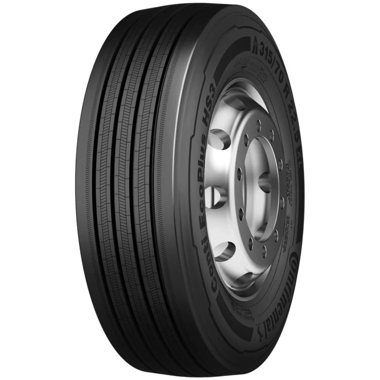 Continental Conti EcoPlus HS3 295/60R22.5 steer tire with low rolling resistance, pocket sipes for wet traction, 15/32 tread depth, and max load 7,390 single / 6,780 dual at 130 psi.