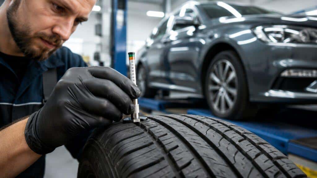 Mechanic checking car tire tread depth with a gauge in an automotive workshop.