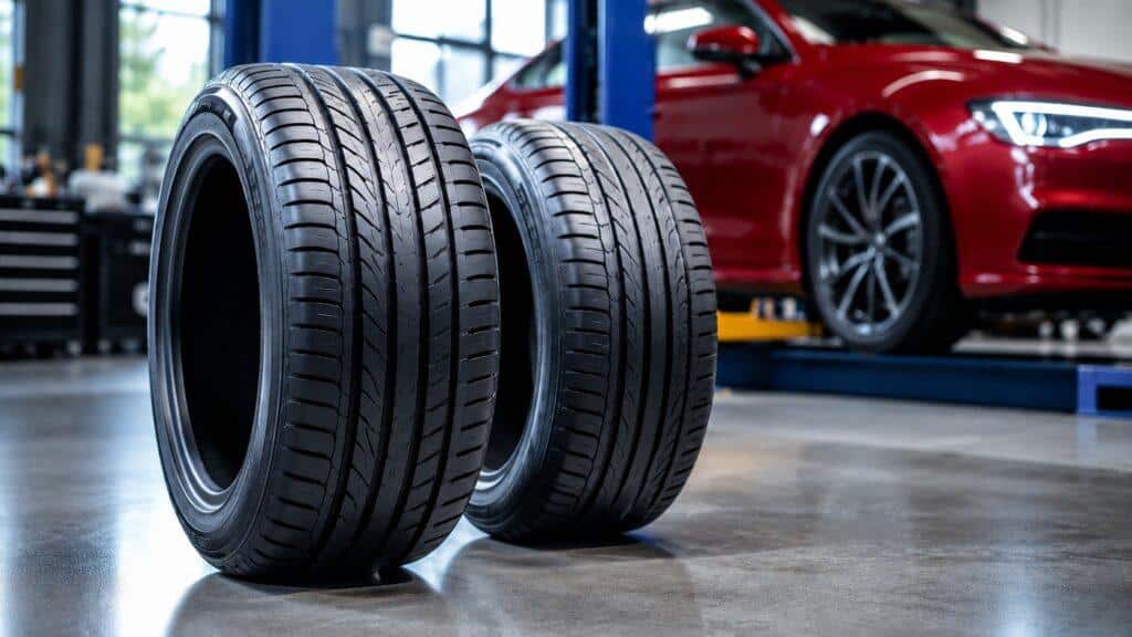 Two new performance tires in an automotive workshop with a red car in the background for V vs W tire rating comparison.