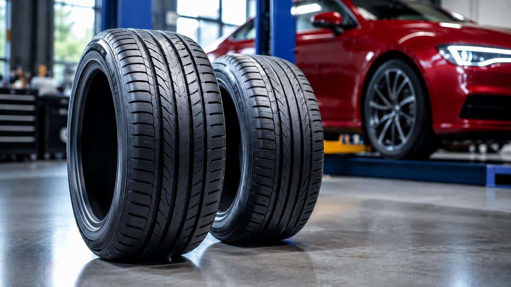 Two new performance tires in an automotive workshop with a red car in the background for V vs W tire rating comparison.