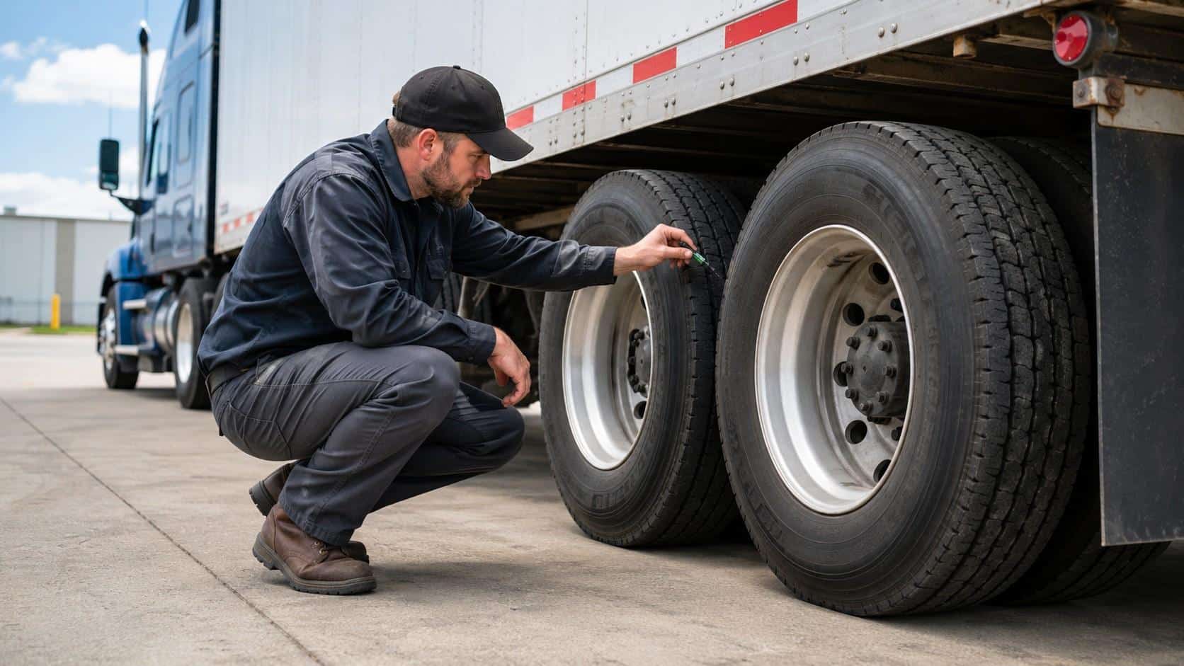 Truck driver checking trailer tire tread depth during a pre-trip inspection at a depot.