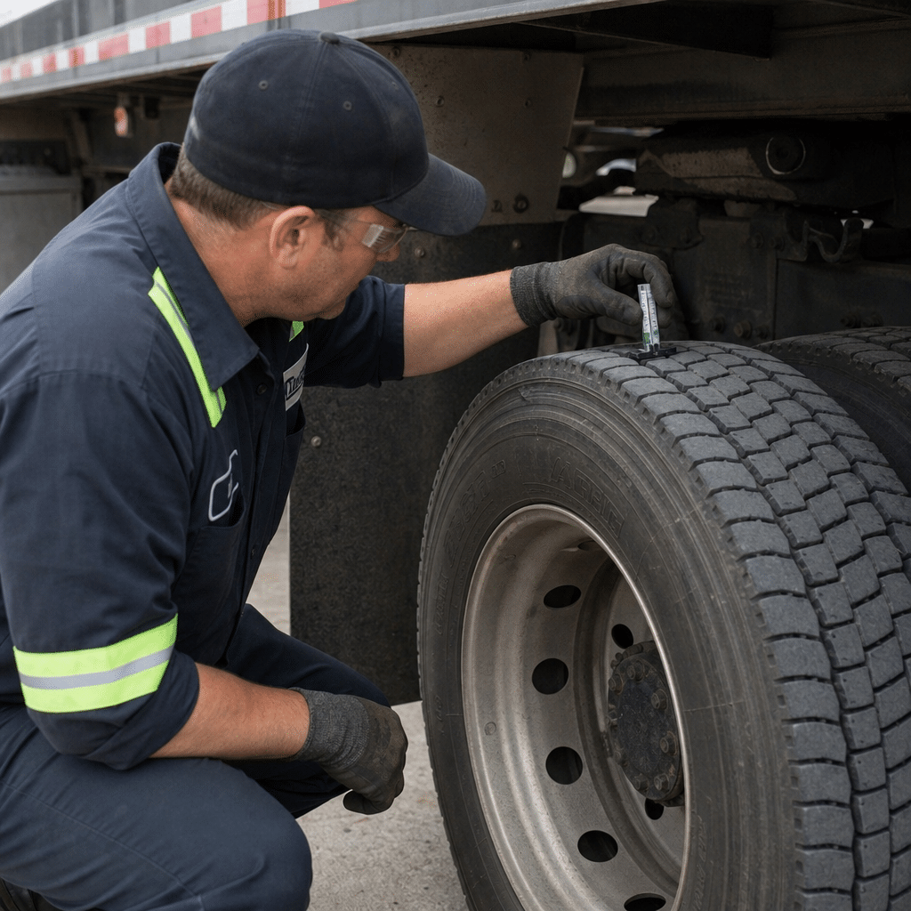 Technician inspecting tread depth on a heavy-duty truck tire