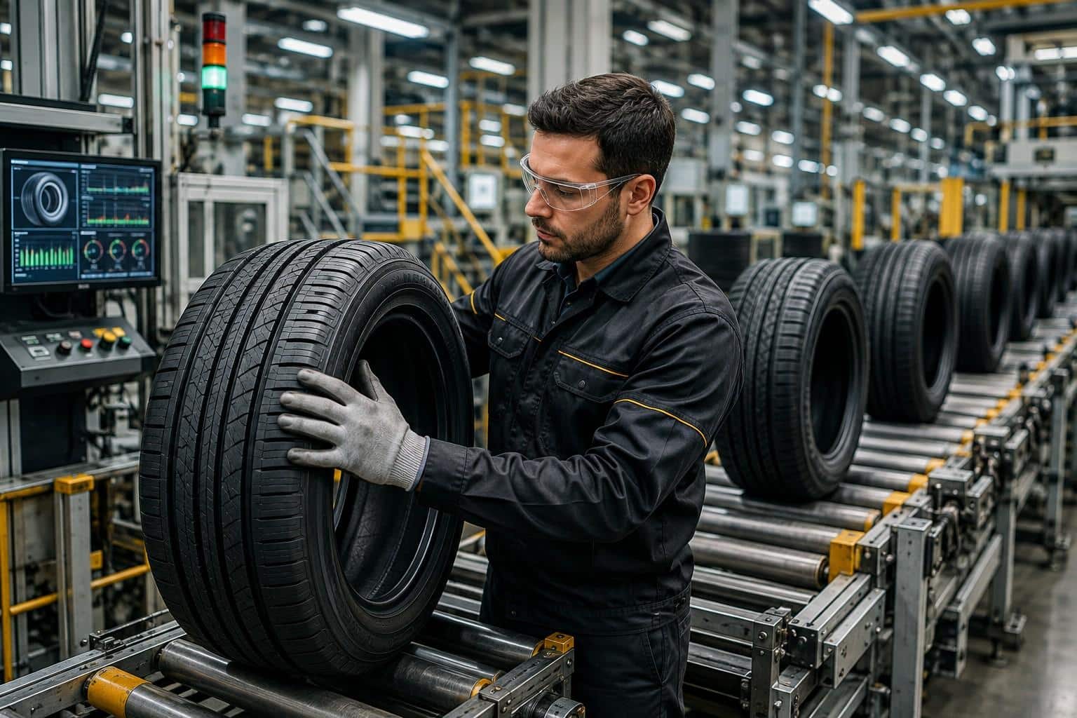 Technician inspecting a new tire on a modern manufacturing line inside a tire factory.