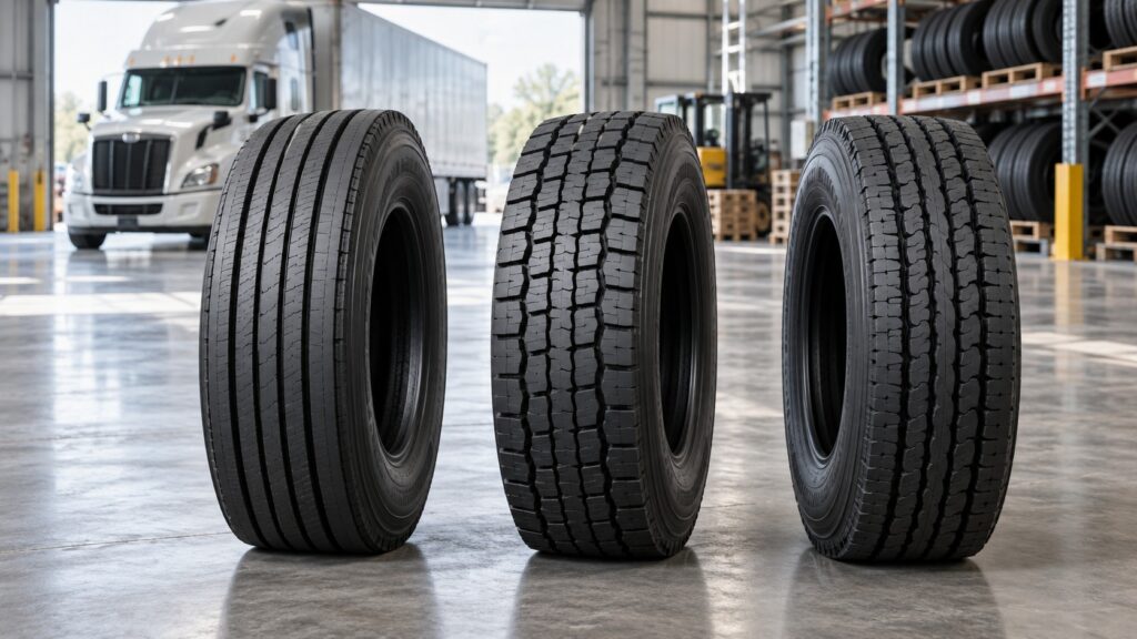 Three commercial truck tires with different tread patterns in a warehouse, with a semi-truck in the background.