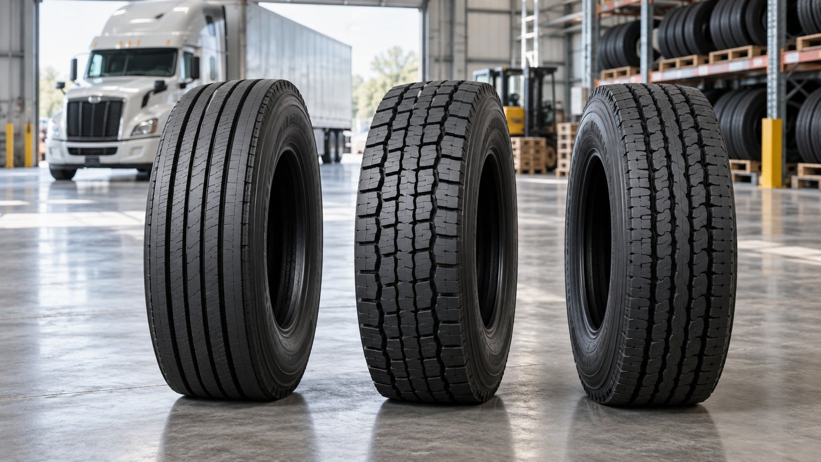 Three commercial truck tires with different tread patterns in a warehouse, with a semi-truck in the background.
